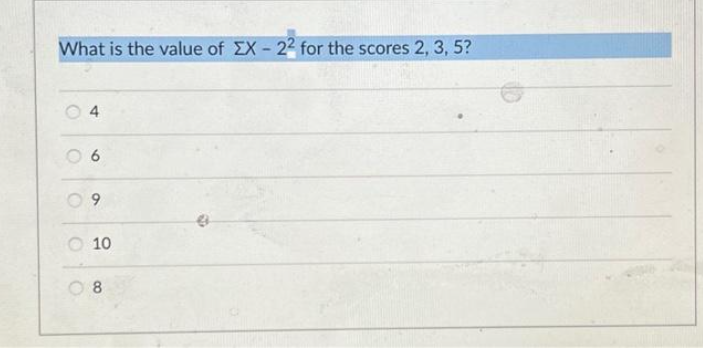 What is the value of EX-22 for the scores 2, 3, 5?
4
6
9
10
08
