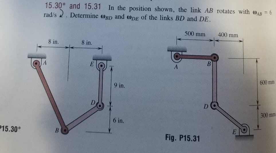15.30* and 15.31 In the position shown, the link AB rotates with @AB 6
rad/s 2. Determine oBp and wDE of the links BD and DE.
500 mm
400 mm
8 in.
8 in.
A
600 mm
9 in.
D.
300 mm
6 in.
P15.30*
BO
Fig. P15.31
