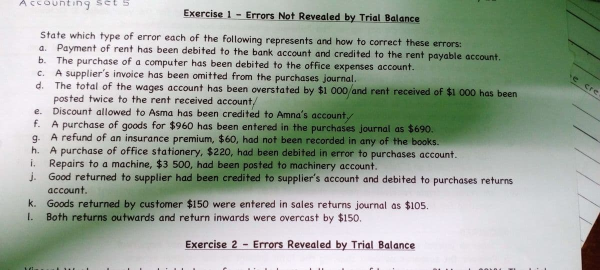 Accounting
ting set 5
Exercise 1 - Errors Not Revealed by Trial Balance
State which type of error each of the following represents and how to correct these errors:
a. Payment of rent has been debited to the bank account and credited to the rent payable account.
b. The purchase of a computer has been debited to the office expenses account.
C. A supplier's invoice has been omitted from the purchases journal.
d. The total of the wages account has been overstated by $1 000/and rent received of $1 000 has been
posted twice to the rent received account/
e. Discount allowed to Asma has been credited to Amna's account./
f.
A purchase of goods for $960 has been entered in the purchases journal as $690.
g.
A refund of an insurance premium, $60, had not been recorded in any of the books.
h. A purchase of office stationery, $220, had been debited in error to purchases account.
i. Repairs to a machine, $3 500, had been posted to machinery account.
j.
Good returned to supplier had been credited to supplier's account and debited to purchases returns
account.
k.
Goods returned by customer $150 were entered in sales returns journal as $105.
1. Both returns outwards and return inwards were overcast by $150.
Exercise 2- Errors Revealed by Trial Balance
TI
Mi
ܫ
e cre