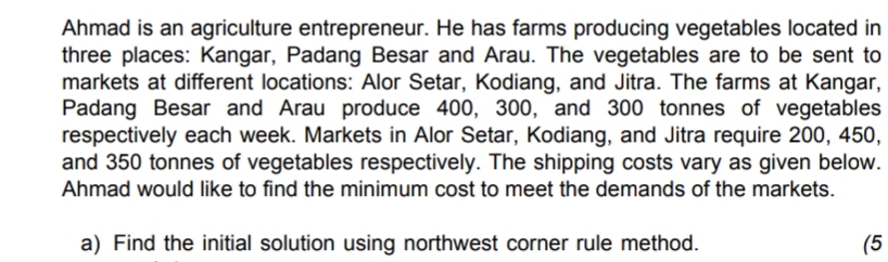 Ahmad is an agriculture entrepreneur. He has farms producing vegetables located in
three places: Kangar, Padang Besar and Arau. The vegetables are to be sent to
markets at different locations: Alor Setar, Kodiang, and Jitra. The farms at Kangar,
Padang Besar and Arau produce 400, 300, and 300 tonnes of vegetables
respectively each week. Markets in Alor Setar, Kodiang, and Jitra require 200, 450,
and 350 tonnes of vegetables respectively. The shipping costs vary as given below.
Ahmad would like to find the minimum cost to meet the demands of the markets.
a) Find the initial solution using northwest corner rule method.
(5
