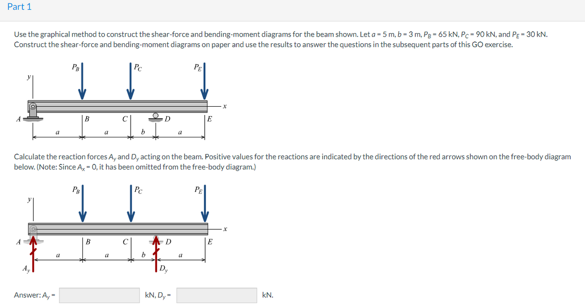Part 1
Use the graphical method to construct the shear-force and bending-moment diagrams for the beam shown. Let a = 5 m, b = 3 m, PB = 65 kN, Pc = 90 kN, and PE = 30 kN.
Construct the shear-force and bending-moment diagrams on paper and use the results to answer the questions in the subsequent parts of this GO exercise.
a
Answer: Ay=
a
B
PB
a
B
a
Pc
Calculate the reaction forces Ay and Dy acting on the beam. Positive values for the reactions are indicated by the directions of the red arrows shown on the free-body diagram
below. (Note: Since Ax = 0, it has been omitted from the free-body diagram.)
C
b
Pc
D
b
D
D₂
a
kN, Dy=
a
E
PE
X
E
kN.