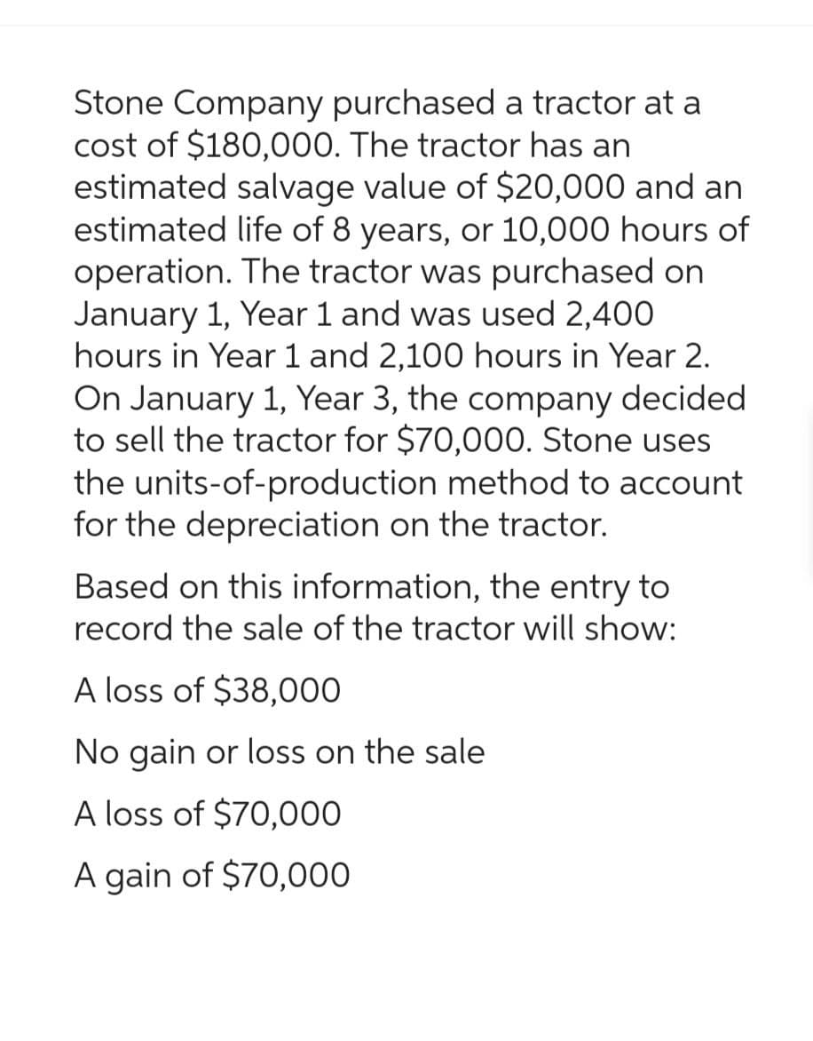 Stone Company purchased a tractor at a
cost of $180,000. The tractor has an
estimated salvage value of $20,000 and an
estimated life of 8 years, or 10,000 hours of
operation. The tractor was purchased on
January 1, Year 1 and was used 2,400
hours in Year 1 and 2,100 hours in Year 2.
On January 1, Year 3, the company decided
to sell the tractor for $70,000. Stone uses
the units-of-production method to account
for the depreciation on the tractor.
Based on this information, the entry to
record the sale of the tractor will show:
A loss of $38,000
No gain or loss on the sale
A loss of $70,000
A gain of $70,000