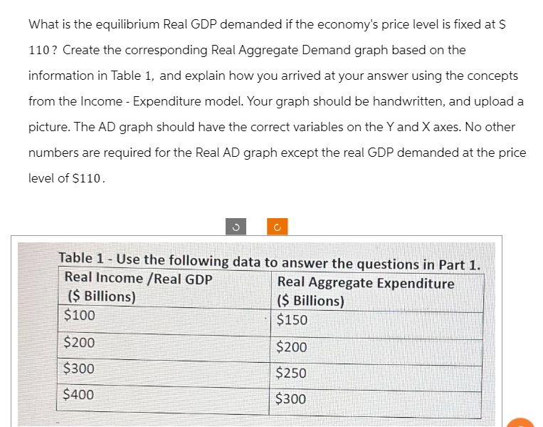 What is the equilibrium Real GDP demanded if the economy's price level is fixed at $
110? Create the corresponding Real Aggregate Demand graph based on the
information in Table 1, and explain how you arrived at your answer using the concepts
from the Income - Expenditure model. Your graph should be handwritten, and upload a
picture. The AD graph should have the correct variables on the Y and X axes. No other
numbers are required for the Real AD graph except the real GDP demanded at the price
level of $110.
Table 1 Use the following data to answer the questions in Part 1.
Real Income /Real GDP
Real Aggregate Expenditure
($ Billions)
($ Billions)
$100
$150
$200
$200
$300
$250
$400
$300