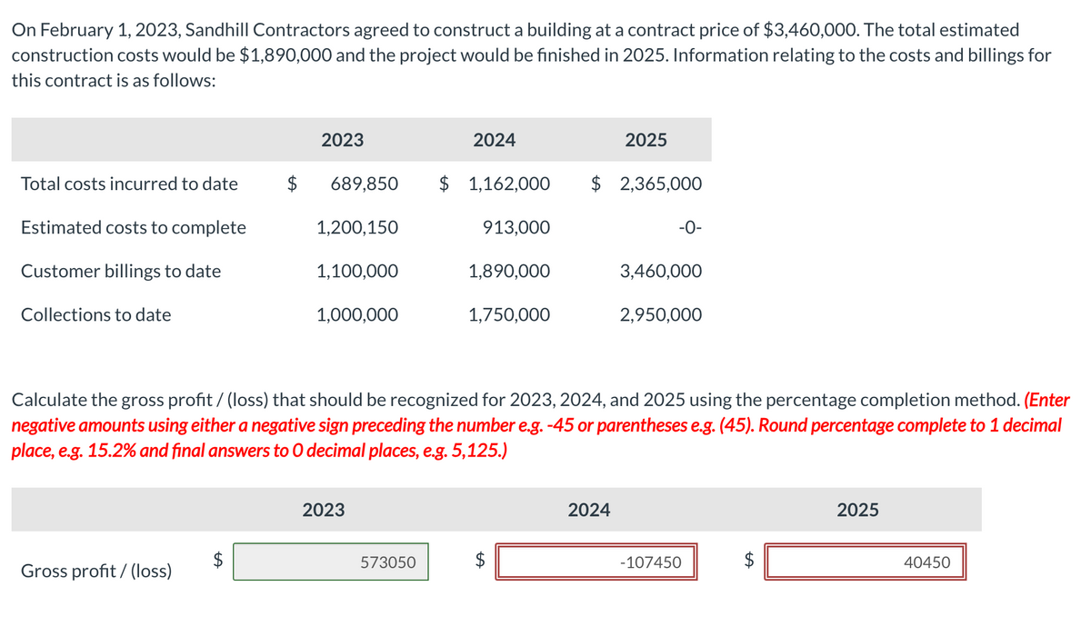 On February 1, 2023, Sandhill Contractors agreed to construct a building at a contract price of $3,460,000. The total estimated
construction costs would be $1,890,000 and the project would be finished in 2025. Information relating to the costs and billings for
this contract is as follows:
Total costs incurred to date
Estimated costs to complete
Customer billings to date
Collections to date
2023
Gross profit/ (loss)
689,850
1,200,150
1,100,000
1,000,000
2023
2024
573050
$1,162,000 $ 2,365,000
913,000
1,890,000
1,750,000
2025
Calculate the gross profit / (loss) that should be recognized for 2023, 2024, and 2025 using the percentage completion method. (Enter
negative amounts using either a negative sign preceding the number e.g. -45 or parentheses e.g. (45). Round percentage complete to 1 decimal
place, e.g. 15.2% and final answers to O decimal places, e.g. 5,125.)
2024
-0-
3,460,000
2,950,000
-107450
$
LA
2025
40450