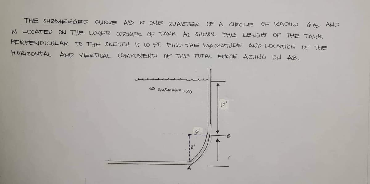 6 ft. AND
THE SUBMERGED CURVE AB IS ONE QUARTER OF A CIRCLE
OF RADIUS
IS LOCATED ON THE LOWER CORNER OF TANK AS SHOWN. THE LENGHT OF THE TANK
PERPENDICULAR TO THE SKETCH IS 10 FT. FIND THE MAGNITUDE AND LOCATION
OF THE
HORIZONTAL AND VERTICAL COMPONENTS OF THE TOTAL FORCE ACTING ON AB.
SC GLYCERIN= 1.26
A
12'
B
İ