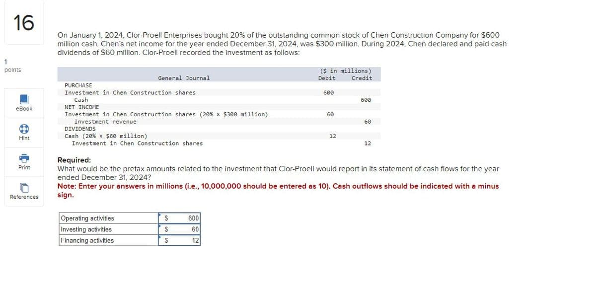 1
16
On January 1, 2024, Clor-Proell Enterprises bought 20% of the outstanding common stock of Chen Construction Company for $600
million cash. Chen's net income for the year ended December 31, 2024, was $300 million. During 2024, Chen declared and paid cash
dividends of $60 million. Clor-Proell recorded the investment as follows:
points
PURCHASE
General Journal
($ in millions)
Debit
Credit
Investment in Chen Construction shares
Cash
600
600
eBook
NET INCOME
Investment in Chen Construction shares (20% x $300 million)
60
Investment revenue
60
DIVIDENDS
Hint
Cash (20% x $60 million)
12
Investment in Chen Construction shares
12
Required:
Print
References
What would be the pretax amounts related to the investment that Clor-Proell would report in its statement of cash flows for the year
ended December 31, 2024?
Note: Enter your answers in millions (i.e., 10,000,000 should be entered as 10). Cash outflows should be indicated with a minus
sign.
Operating activities
$
600
Investing activities
$
60
Financing activities
$
12