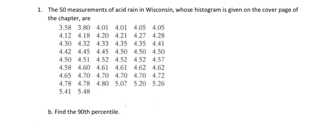 1. The 50 measurements of acid rain in Wisconsin, whose histogram is given on the cover page of
the chapter, are
3.58 3.80 4.01 4.01 4.05 4.05
4.12 4.18 4.20 4.21 4.27 4.28
4.30 4.32 4.33 4.35 4.35 4.41
4.42 4.45 4.45 4.50 4.50 4.50
4.50 4.51
4.52 4.52 4.52 4.57
4.58 4.60 4.61
4.61 4.62 4.62
4.65 4.70 4.70 4.70 4.70 4.72
4.78 4.78 4.80 5.07
5.20 5.26
5.41
5.48
b. Find the 90th percentile.
