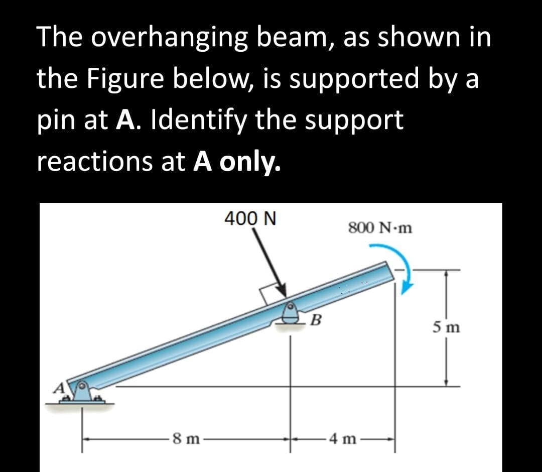 The overhanging beam, as shown in
the Figure below, is supported by a
pin at A. Identify the support
reactions at A only.
8 m
400 N
B
800 N·m
4 m
5 m