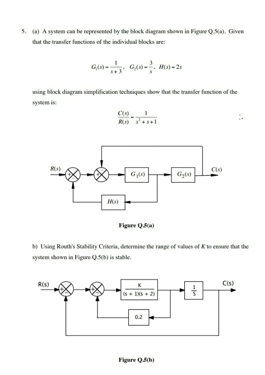 5. (a) A system can be represented by the block diagram shown in Figure Q.5(a). Given
that the transfer functions of the individual blocks are:
1
G,(s) =
S+ 3
G,(1) = 2, H(s) = 2s
using block diagram simplification techniques show that the transfer function of the
system is:
C(s)
1
R(s)
s'+ s+1
R(s)
C(s)
G|(s)
G2(8)
H(s)
Figure Q.5(a)
b) Using Routh's Stability Criteria, determine the range of values of K to ensure that the
system shown in Figure Q.5(b) is stable.
R(s)
K
C(s)
(s + 1)(s + 2)
0.2
Figure Q.5(b)
