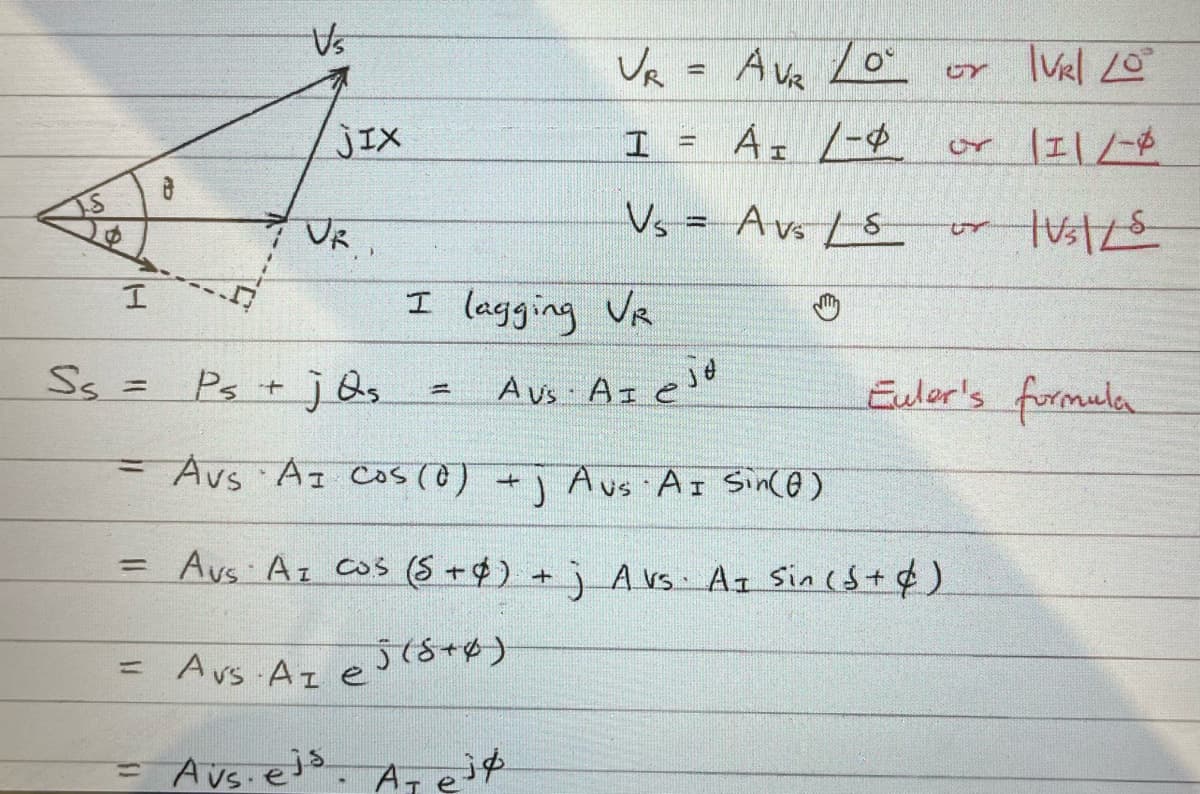 S
I
8
Ss = Ps
Vs
JIX
VR
+ jQ₂.
VR = AV₂ / 0°
I
ÁI 1-
V₁ = A vs / S
I lagging VR
= Avs Az e
A vs. Az eje
=
Avs AI Cos (0) + Aus AI Sin(0)
Avs. ejs. Are jø
VRI 20°
or |11/-$
Just/s
CY
=
Avs: Az Cos (5 + Ø) + j A vs. AI Sin (5+¢)
5(8+6)
Fr
Euler's formula
