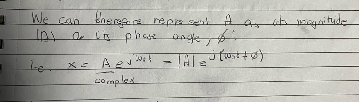 I
J
We can therefore represent A
a its phate angle,
TAI
bi
-|Ale (Wot + 0)
le x= A e √ wot
complex
1
As
its magnitude