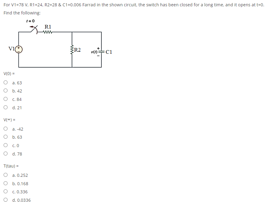 For V1=78 V, R1=24, R2=28 & C1=0.006 Farrad in the shown circuit, the switch has been closed for a long time, and it opens at t=0.
Find the following:
t=0
R1
V1
R2
v(1)
:C1
V(0) =
O
O
O
O
V(%) =
O a. -42
O b. 63
0 с.о
O d. 78
T(tau) =
O a. 0.252
O b. 0.168
O c.0.336
d. 0.0336
a. 63
b. 42
c. 84
d. 21