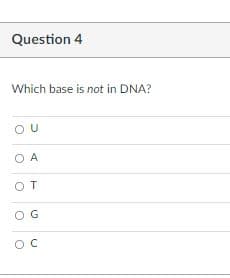 Question 4
Which base is not in DNA?
O A
OT
O G
OC
