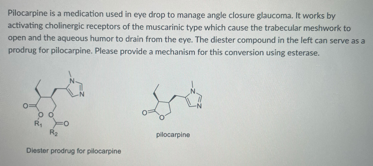 Pilocarpine is a medication used in eye drop to manage angle closure glaucoma. It works by
activating cholinergic receptors of the muscarinic type which cause the trabecular meshwork to
open and the aqueous humor to drain from the eye. The diester compound in the left can serve as a
prodrug for pilocarpine. Please provide a mechanism for this conversion using esterase.
R2
pilocarpine
Diester prodrug for pilocarpine
