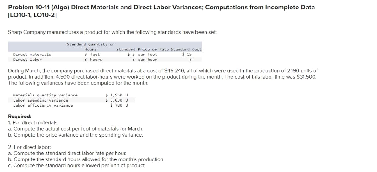 Problem 10-11 (Algo) Direct Materials and Direct Labor Variances; Computations from Incomplete Data
[LO10-1, LO10-2]
Sharp Company manufactures a product for which the following standards have been set:
Standard Quantity or
Hours
3 feet
? hours
Direct materials
Direct labor
During March, the company purchased direct materials at a cost of $45,240, all of which were used in the production of 2,190 units of
product. In addition, 4,500 direct labor-hours were worked on the product during the month. The cost of this labor time was $31,500.
The following variances have been computed for the month:
Materials quantity variance
Labor spending variance
Labor efficiency variance
Standard Price or Rate Standard Cost
$5 per foot
$15
? per hour
Required:
1. For direct materials:
$1,950 U
$3,030 U
$ 780 U
a. Compute the actual cost per foot of materials for March.
b. Compute the price variance and the spending variance.
2. For direct labor:
a. Compute the standard direct labor rate per hour.
b. Compute the standard hours allowed for the month's production.
c. Compute the standard hours allowed per unit of product.