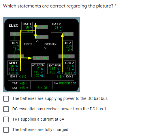 Which statements are correct regarding the picture? *
BAT 1
28 V
BAT 2
ELEC
BAT
28 V
DC 1
DO 2
ESS
TR 1
28 v
6A
TR 2
28 V
6A
ESS TR
EMER GEN
AC ESS
GEN 2
26 %
116 v
401 HZ
115 C IDG 2
GEN 1
26 %
115 v
400 HZ
IDG 1 *C 110
APU GEN
0 %
116 V
400HZ
EXT PWR
115 v
400 HZ
TAT +15 *C
GW DO0000 00
SAT +15 C
13 н 28
The batteries are supplying power to the DC bat bus
DC essential bus receives power from the DC bus 1
TR1 supplies a current at 6A
The batteries are fully charged
