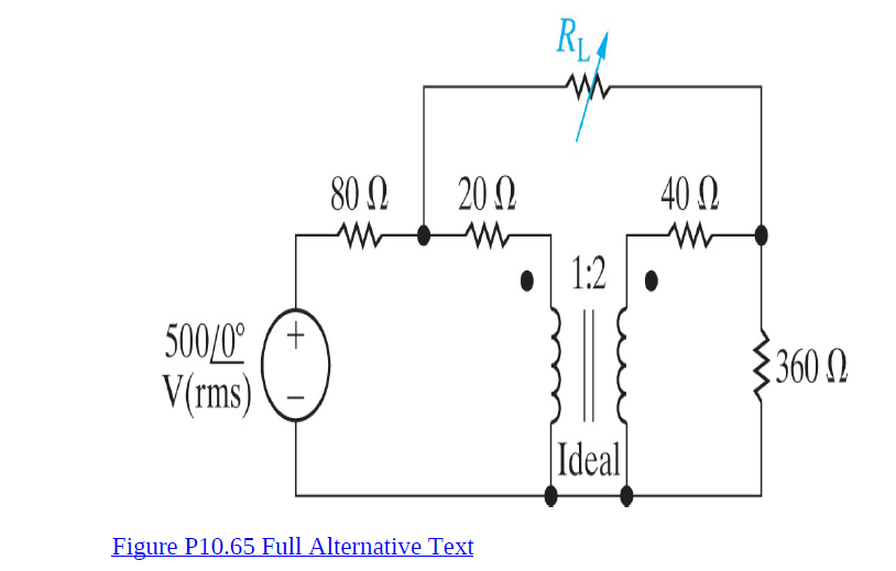 R1,
80 N
20 2
40 N
1:2
500/0° (+
V(rms)
{360 2
Ideal
Figure P10.65 Full Alternative Text
