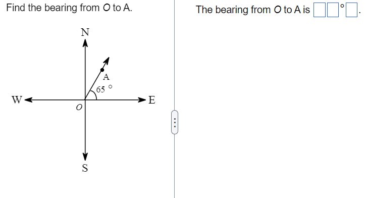 Find the bearing from O to A.
N
A
WA
O
S
A
650
E
The bearing from O to A is
0°.
