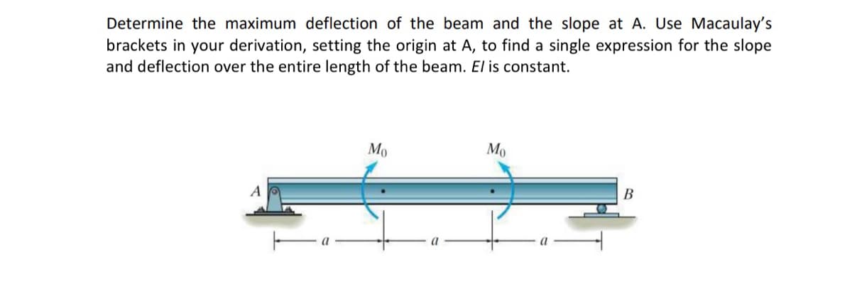 Determine the maximum deflection of the beam and the slope at A. Use Macaulay's
brackets in your derivation, setting the origin at A, to find a single expression for the slope
and deflection over the entire length of the beam. El is constant.
Mo
Mo
B