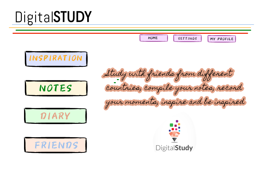 DigitalSTUDY
HOME
SETTINGS
MY PROFILE
INSPIRATION
Study with friends from different
Coutrics, compile your notes, recond
your momenta, inapire and be ropired
NOTES
DIARY
FRIENDS
DigitalStudy
