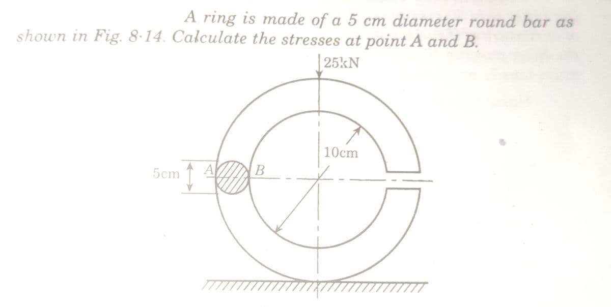 A ring is made of a 5 cm diameter round bar as
shown in Fig. 8·14. Całculate the stresses at point A and B.
| 25%N
10cm
5cm
