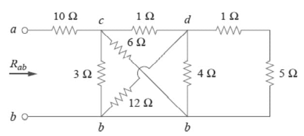 10 Ω
1Ω
d
1Ω
a o
6Ω
Rab
3Ω
4 2
5Ω
12 Q
bo
b
ww
