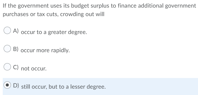 If the government uses its budget surplus to finance additional government
purchases or tax cuts, crowding out will
A) occur to a greater degree.
B) occur more rapidly.
C) not occur.
D) still occur, but to a lesser degree.