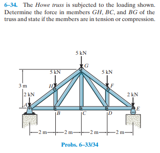 6-34. The Howe truss is subjected to the loading shown.
Determine the force in members GH, BC, and BG of the
truss and state if the members are in tension or compression.
5 kN
(G
5 kN
5 kN
3 m
H
2 kN
2 kN
E
IC
ID
-2 m-
-2 m-
-2 m-
-2 m-
Probs. 6-33/34
