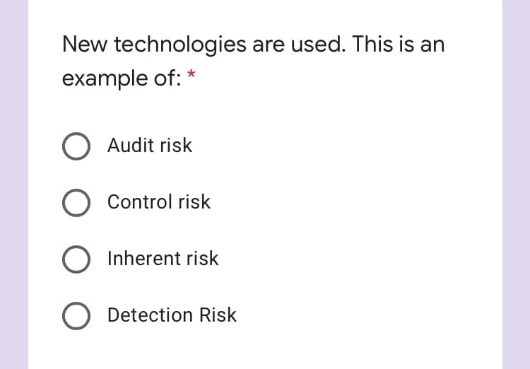 New technologies are used. This is an
example of: *
O Audit risk
O Control risk
Inherent risk
Detection Risk

