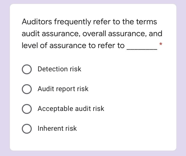 Auditors frequently refer to the terms
audit assurance, overall assurance, and
level of assurance to refer to
Detection risk
O Audit report risk
Acceptable audit risk
O Inherent risk
