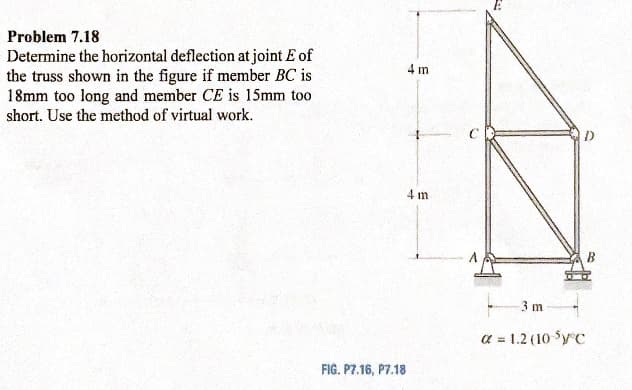 Problem 7.18
Determine the horizontal deflection at joint E of
the truss shown in the figure if member BC is
18mm too long and member CE is 15mm too
short. Use the method of virtual work.
4 m
4 m
B
3 m
a = 1.2 (10 SyC
FIG. P7.16, P7.18
