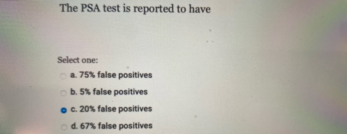 The PSA test is reported to have
Select one:
a. 75% false positives
b. 5% false positives
o . 20% false positives
o d. 67% false positives
