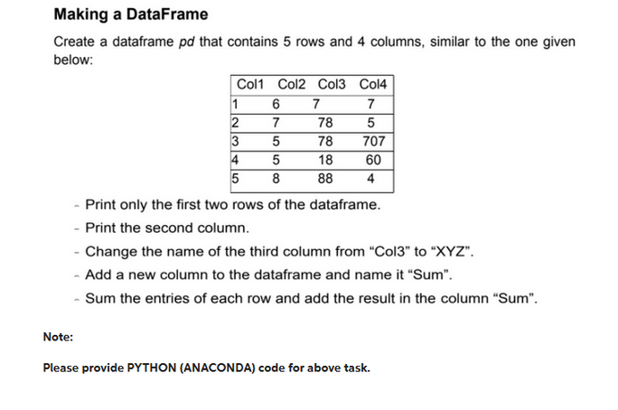 Making a DataFrame
Create a dataframe pd that contains 5 rows and 4 columns, similar to the one given
below:
Col1 Col2 Col3 Col4
7
5
707
60
4
1
2
3
5
4
5
5 8
6
7
Note:
7
78
78
18
88
- Print only the first two rows of the dataframe.
- Print the second column.
- Change the name of the third column from "Col3" to "XYZ".
- Add a new column to the dataframe and name it "Sum".
- Sum the entries of each row and add the result in the column "Sum".
Please provide PYTHON (ANACONDA) code for above task.
