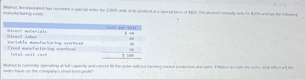 Walnut; Incorporated has received a special order for 2,000 units of its product at a special price of $150. The product normally sells for $200 and has the following
manufacturing costs:
Direct materials
Direct labor
Variable manufacturing overhead
Fixed manufacturing overhead
Total unit cost
Cost per Unit
$ 60
40
30
50
$ 180
Walnut is currently operating at full capacity and cannot fill the order without harming normal production and sales. If Walnut accepts the order, what effect will the
order have on the company's short-term profit?