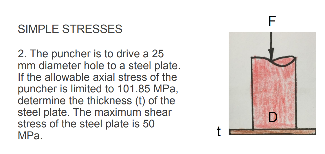 F
SIMPLE STRESSES
2. The puncher is to drive a 25
mm diameter hole to a steel plate.
If the allowable axial stress of the
puncher is limited to 101.85 MPa,
determine the thickness (t) of the
steel plate. The maximum shear
stress of the steel plate is 50
MРа.
