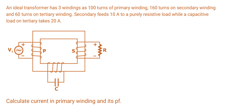 An ideal transformer has 3 windings as 100 turns of primary winding, 160 turns on secondary winding
and 60 turns on tertiary winding. Secondary feeds 10 A to a purely resistive load while a capacitive
load on tertiary takes 20 A.
V₁
+
P
S
R
Calculate current in primary winding and its pf.
