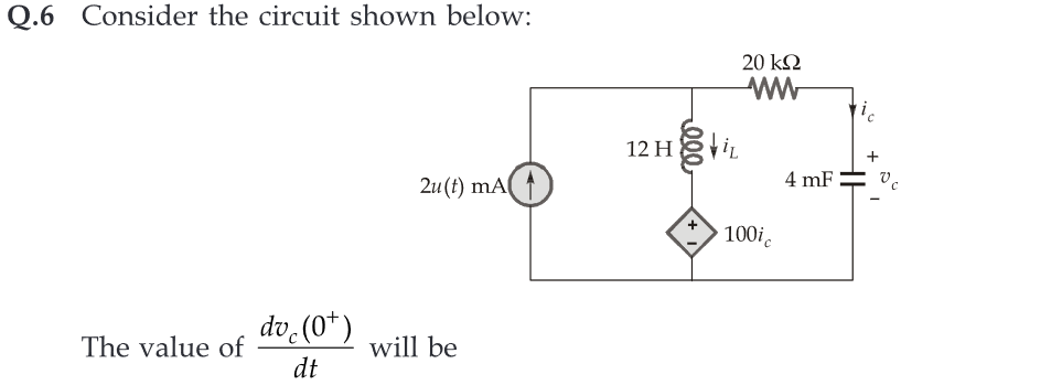 Q.6 Consider the circuit shown below:
The value of
dv (0*)
dt
2u(t) mA
will be
12 H
20 ΚΩ
ww
100ic
4 mF
+
V