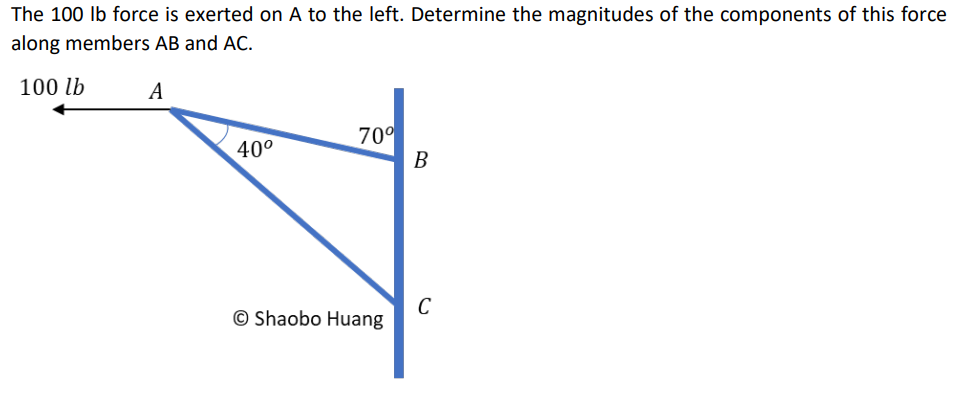 The 100 lb force is exerted on A to the left. Determine the magnitudes of the components of this force
along members AB and AC.
100 lb
A
40°
70⁰
O Shaobo Huang
B
C