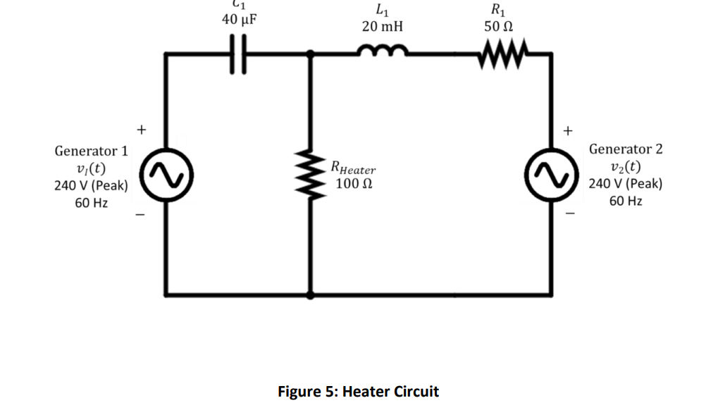 Generator 1
v₁(t)
240 V (Peak)
60 Hz
+
LG
R₁
40 μF
20 mH
50 Ω
www
RHeater
100 Ω
Figure 5: Heater Circuit
+
Generator 2
v2(t)
240 V (Peak)
60 Hz