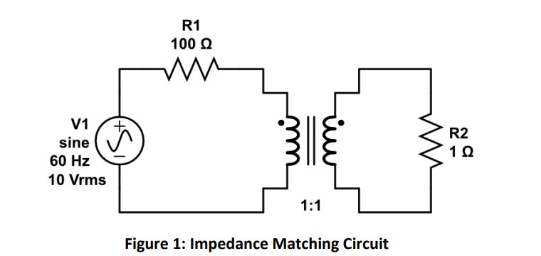 V1
sine
60 Hz
10 Vrms
R1
100 Ω
1:1
Figure 1: Impedance Matching Circuit
R2
1Ω