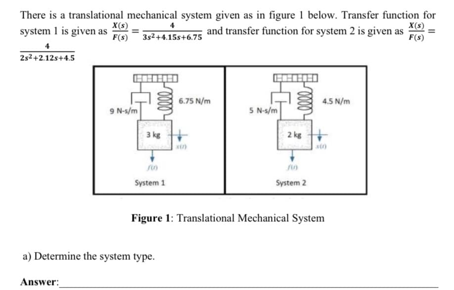 There is a translational mechanical system given as in figure 1 below. Transfer function for
X(s)
and transfer function for system 2 is given as
X(s) _ 4
3s2 +4.15s+6.75
system 1 is given as
F(s)
F(s)
4
2s2+2.12s+4.5
6.75 N/m
4.5 N/m
9 N-s/m
5 N-s/m
3 kg
2 kg
System 1
System 2
Figure 1: Translational Mechanical System
a) Determine the system type.
Answer:
0000
