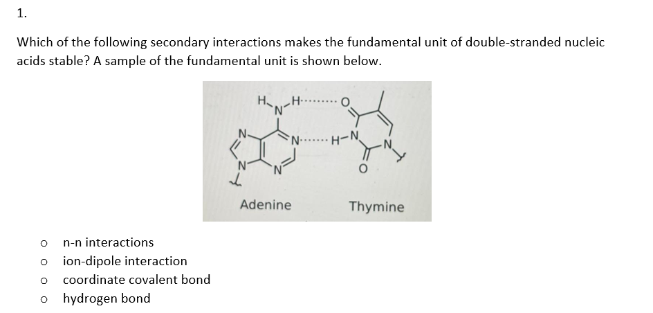 1.
Which of the following secondary interactions makes the fundamental unit of double-stranded nucleic
acids stable? A sample of the fundamental unit is shown below.
O
n-n interactions
ion-dipole interaction
coordinate covalent bond
o hydrogen bond
↓
H H
N
NH-N
Adenine
Thymine