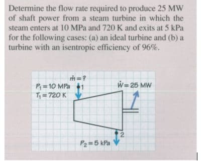 Determine the flow rate required to produce 25 MW
of shaft power from a steam turbine in which the
steam enters at 10 MPa and 720 K and exits at 5 kPa
for the following cases: (a) an ideal turbine and (b) a
turbine with an isentropic efficiency of 96%.
m=?
w= 25 MW
P; =10 MPa 1
T= 720 K
2
P2=5 kPa
