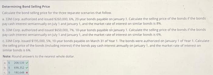 Determining Bond Selling Price
Calculate the bond selling price for the three separate scenarios that follow.
a. 33M Corp. authorized and issued $260,000, 6%, 20-year bonds payable on January 1. Calculate the selling price of the bonds if the bonds
pay cash interest semiannually on July 1 and January 1, and the market rate of interest on similar bonds is 8%.
b. 33M Corp. authorized and issued $650,000, 7%, 10-year bonds payable on January 1. Calculate the selling price of the bonds if the bonds
pay cash interest semiannually on july 1 and January 1, and the market rate of interest on similar bonds is 6%.
c. 33M Corp. issued $195,000, 5%, 10-year bonds payable on March 31 of Year 1. The bonds were authorized on January 1 of Year 1. Calculate
the selling price of the bonds (including interest) if the bonds pay cash interest annually on January 1, and the market rate of interest on
similar bonds is 6%.
Note: Round answers to the nearest whole dollar.
S 208,539 ✓
698,352 v
180,648 x
b. 5
5