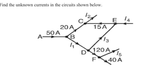 Find the unknown currents in the circuits shown below.
14
E
15A
20 A
50 A
A-
13
120A 15
F
40 A
