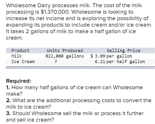 Wholesome Dairy processes milk. The cost of the milk
processing is $1,370,000. Wholesome is looking to
increase its net income and is exploring the possibility of
expanding its products to include cream and/or ice cream.
It takes 2 gallons of milk to make a half gallon of ice
cream.
Selling Price
822,000 gallons $3.09 per gallon
6.21 per half gallon
Units Produced
Product
Milk
Ice Cream
Required:
1. How many half gallons of ice cream can Wholesome
make?
2. What are the additional processing costs to convert the
milk to ice cream?
3. Should Wholesome sell the milk or process it further
and sell ice cream?

