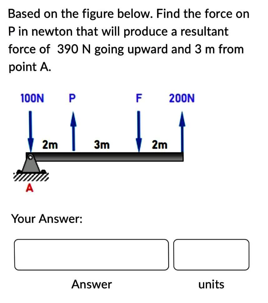 Based on the figure below. Find the force on
P in newton that will produce a resultant
force of 390 N going upward and 3 m from
point A.
100N P
A
2m
Your Answer:
3m
Answer
F 200N
2m
units
