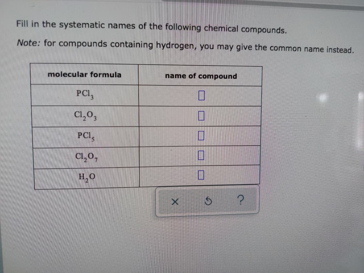 Fill in the systematic names of the following chemical compounds.
Note: for compounds containing hydrogen, you may give the common name instead.
molecular formula
name of compound
PC1₂
10
Cl₂O3
PCL5
Cl₂O,
H₂O
A
7
X Ś
?
