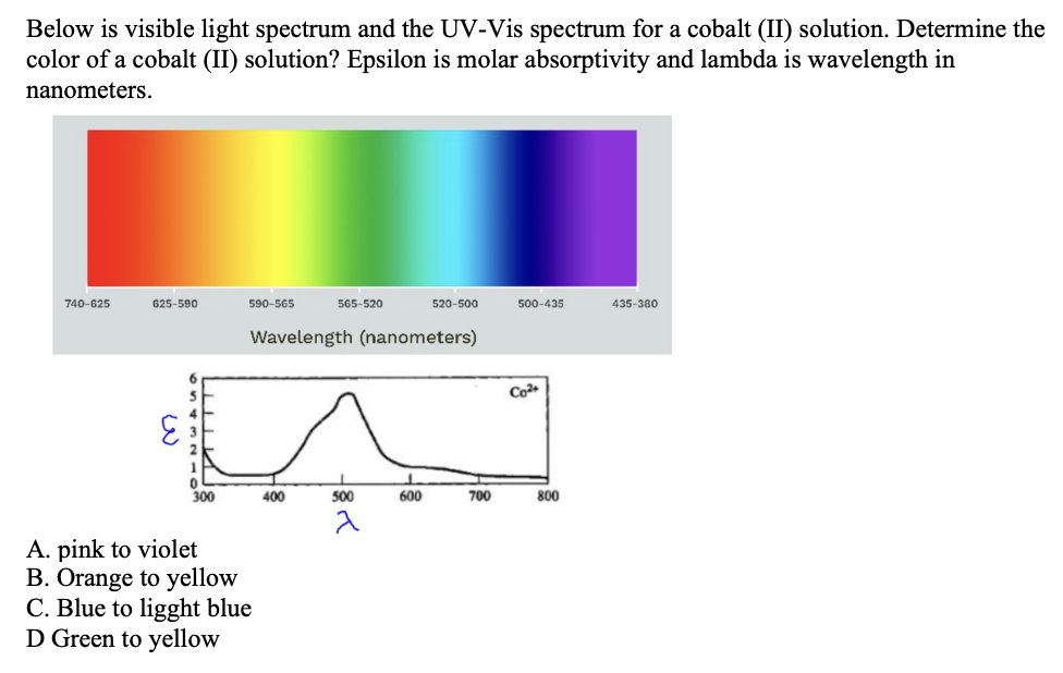 Below is visible light spectrum and the UV-Vis spectrum for a cobalt (II) solution. Determine the
color of a cobalt (II) solution? Epsilon is molar absorptivity and lambda is wavelength in
nanometers.
740-625
625-590
590-565
565-520
520-500
500-435
435-380
Wavelength (nanometers)
Co
3.
300
400
500
600
700
800
A. pink to violet
B. Orange to yellow
C. Blue to ligght blue
D Green to yellow
