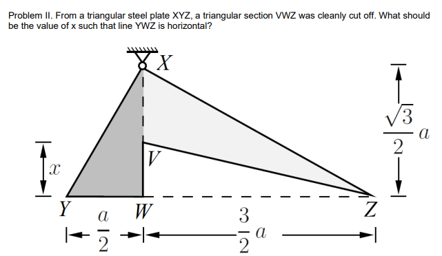 Problem II. From a triangular steel plate XYZ, a triangular section VWZ was cleanly cut off. What should
be the value of x such that line YWZ is horizontal?
а
2
V
Y
а
W
3
2
m IN
